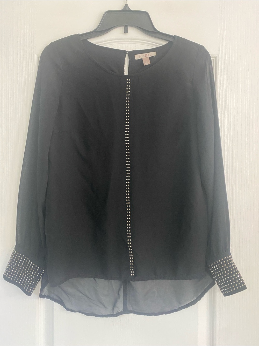 Roz & Ali Black Sheer Blouse with Stud Trim